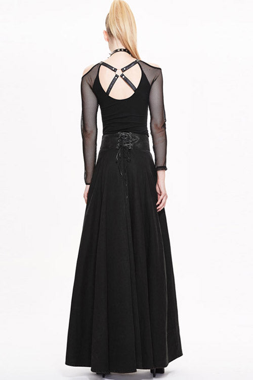 Leather Waistband Flowing Gothic Half Skirt with Punk Edge