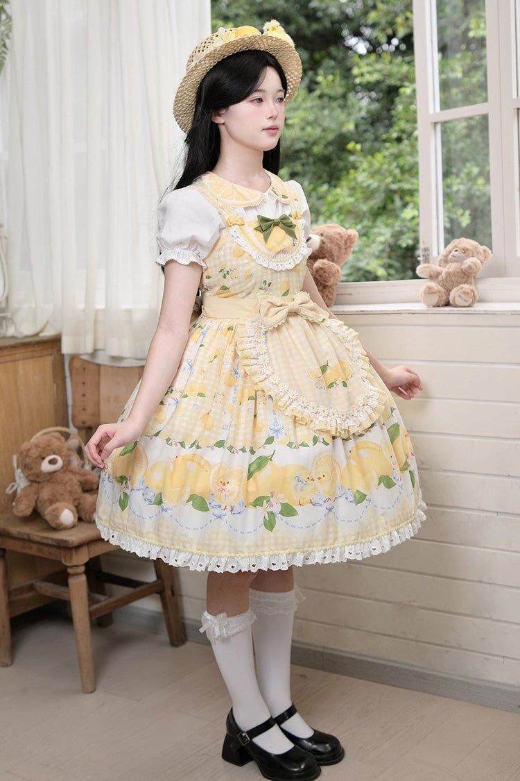 Sunshine Printed Ruffle Bow Lace Sweet Jumper Dress - Lemon Chicken