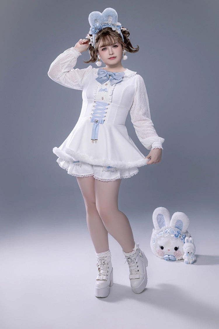 Ivory Ruffled Bow Lace-Up Japanese Dark Jirai Kei Plush Set
