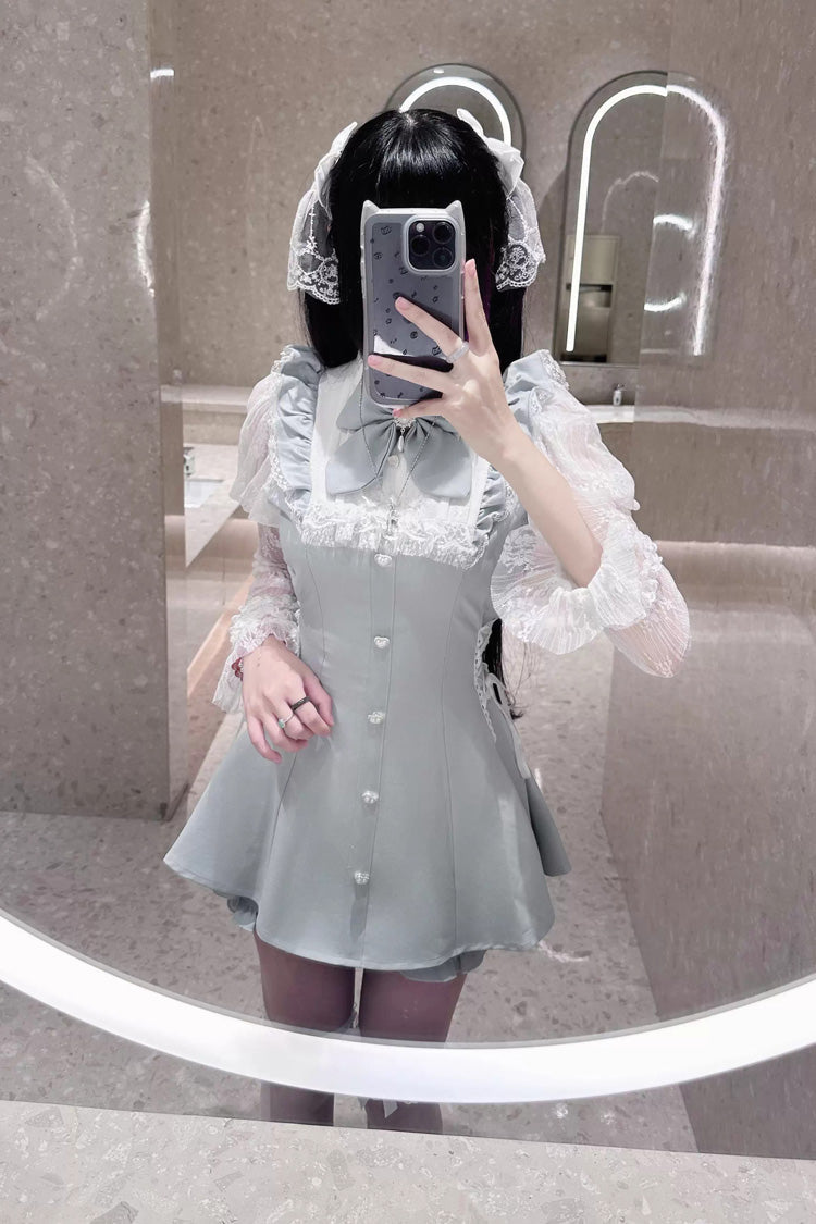 Feather Ode Stand Collar Long Sleeve Ruffled Bow Lace Japanese Streetwear Dress with Shorts
