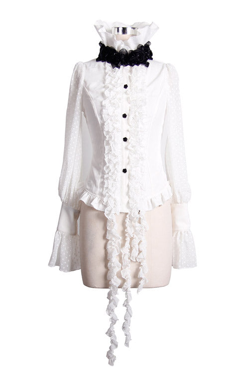 Ivory Gothic Blouse with Chiffon Ruffles and Dovetail Hem