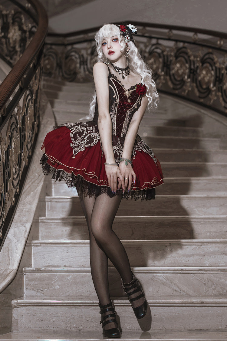 Black Red Blood Clan Feast Ruffle Embroidery Lace Gothic JSK Set