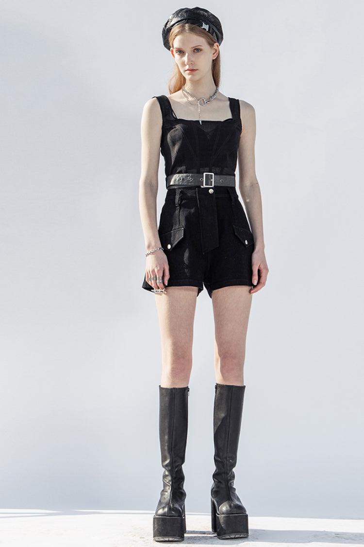 Noir Punk Waistcoat with Buckle Accents and Square Collar