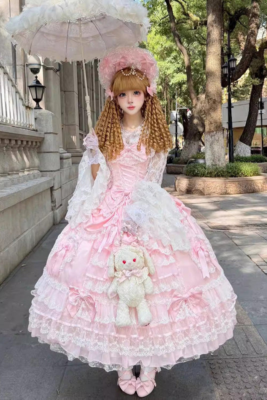 Pink Ode of the Curtain Multi-Layered Ruffled Hanayome Open-Front Bow Lace Lace-Up Sweet Long Jsk Dress