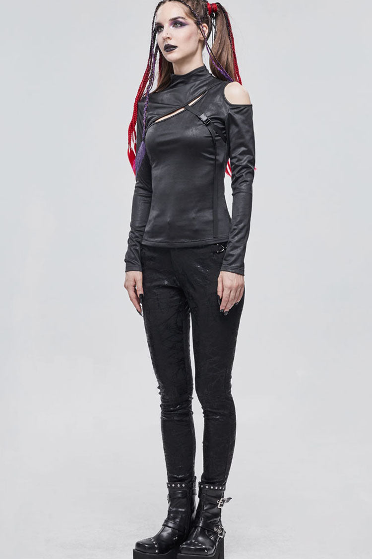 Knit Chest Cutout Buckle-Strap Long-Sleeve Punk Top