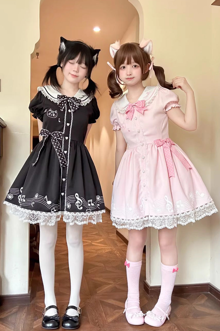 Black Melody Kitty Doll Collar Short Sleeves Ruffled Embroidered Bow Lace Sweet Dress