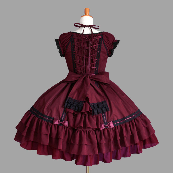 Wine Lace Ruffled Bowknot Sleeveless Gothic Lolita Dress
