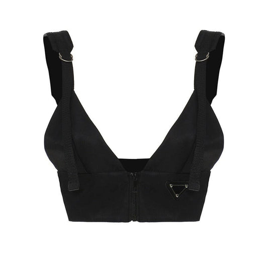 Black Front Zip Buckle Top - S / Black - Tops