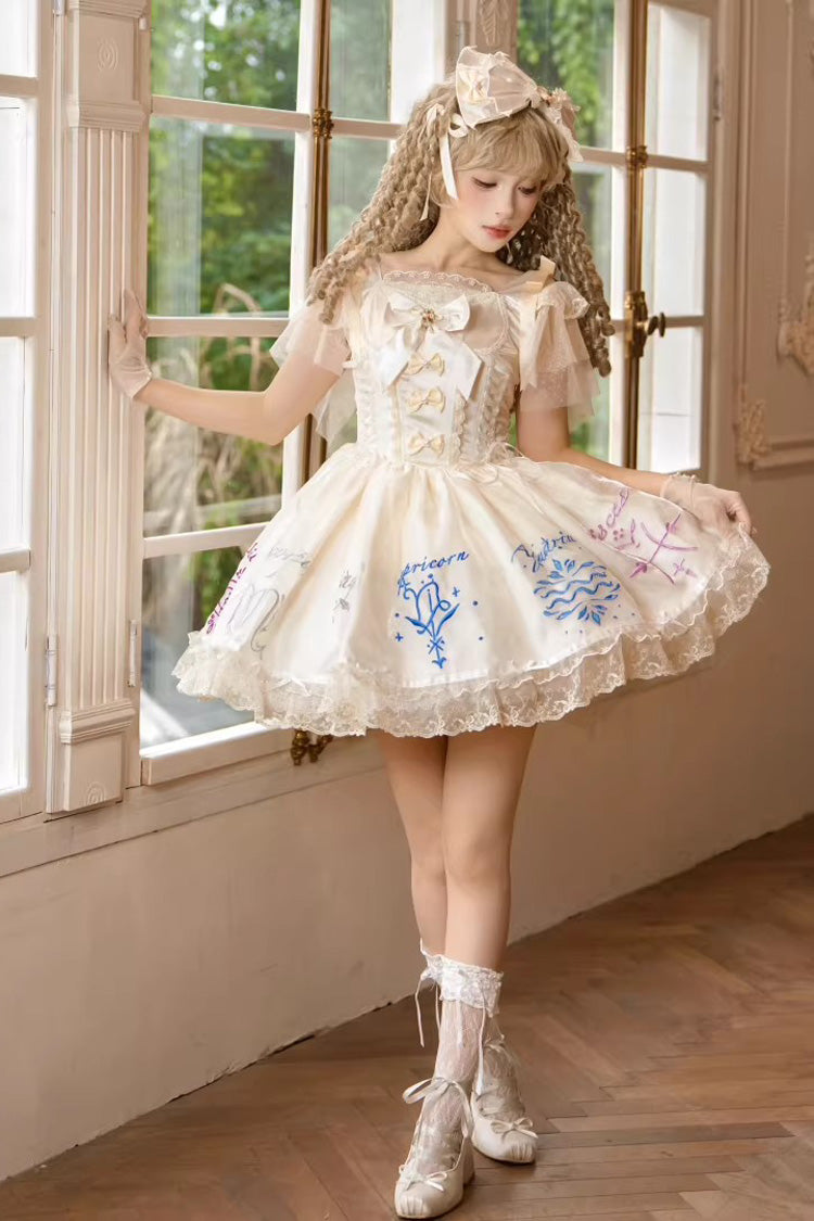 Sleeveless Printed Ruffled Embroidered Bow Sweet Lolita Jsk Dress - The Twelve Zodiac Signs