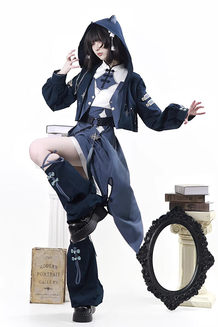 Stand Collar Long Sleeves Embroidered Hooded Asymmetric Punk Ouji Lolita Dress Four-Piece Set - Indigo Shadow Journey