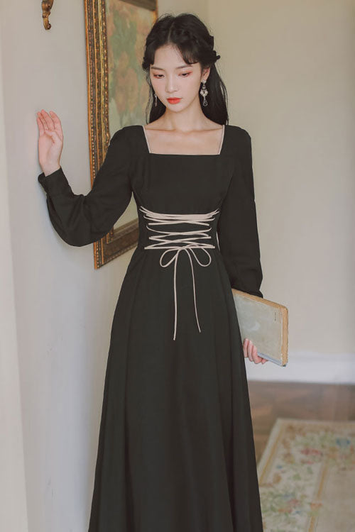 Black Square Collar Long Sleeve High-Waist Classic Lolita OP - European Manor