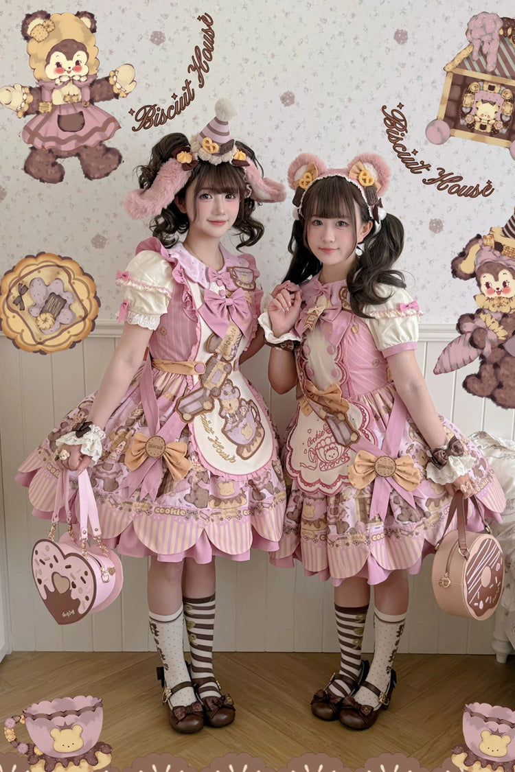 Teddy Bear Cookie Dessert Print Dress with Bow & Ruffles