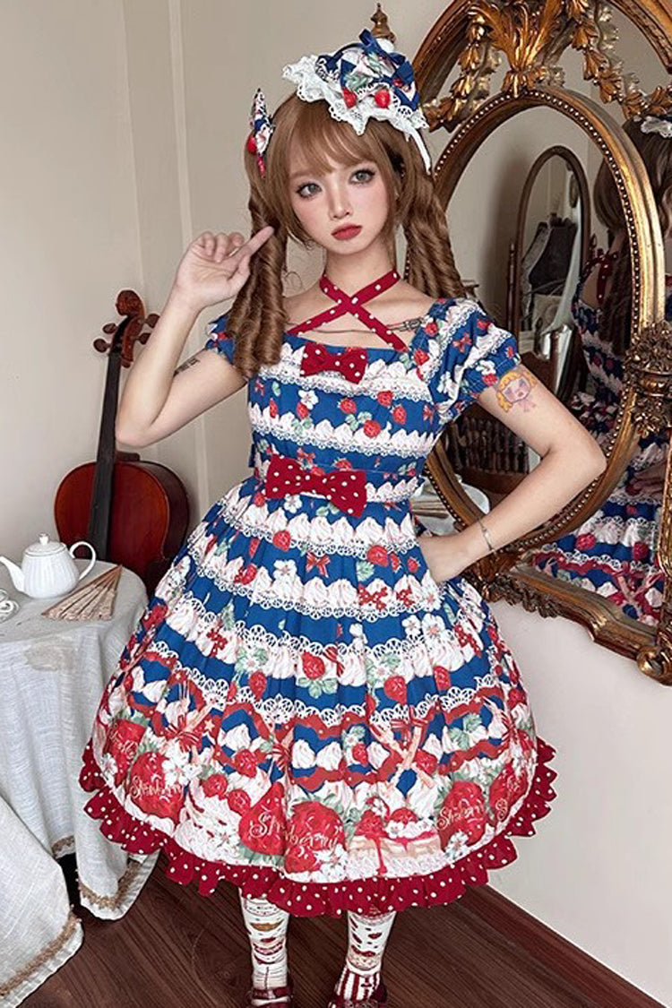Berry Fairy Print Short Sleeve Ruffle Bowknot Dress - Red/Blue