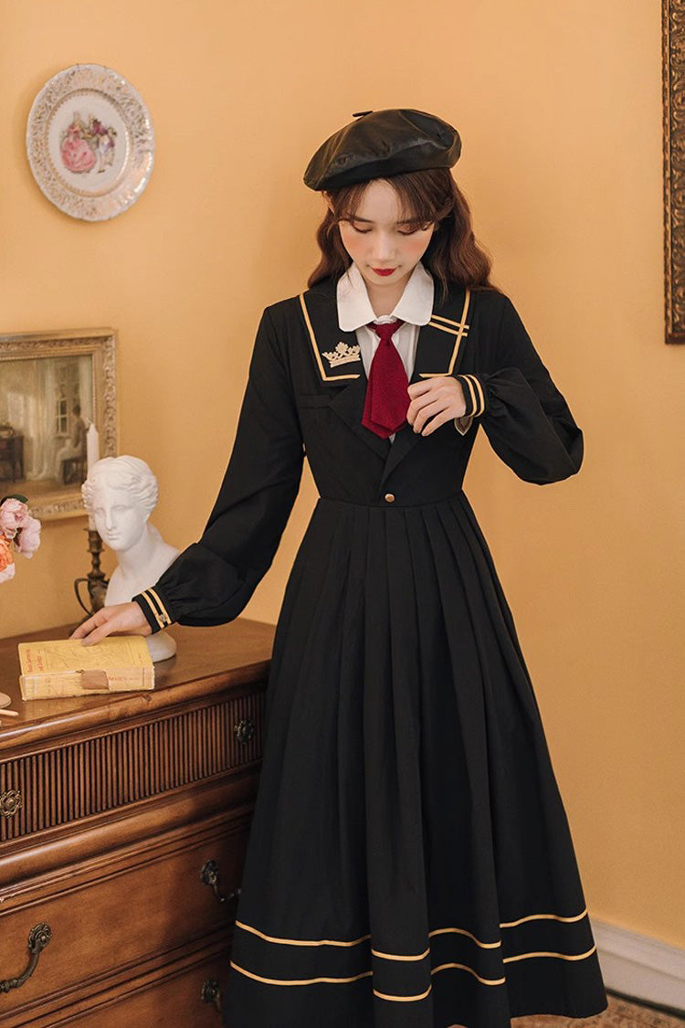 Black Embroidery Dress with Long Sleeves - College Style