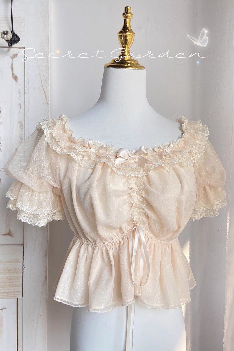 Short-Sleeve Embroidered Lace Bow Blouse - Cream Point