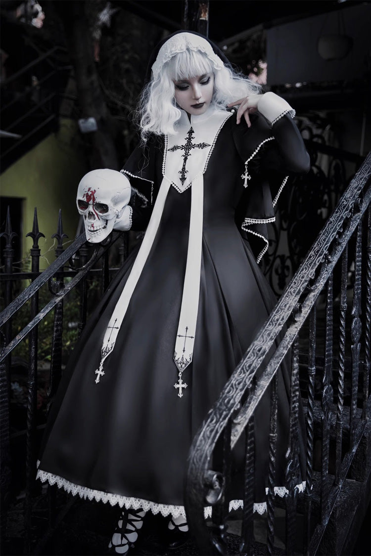 Long Sleeves Print Stitching Lace Gothic Elegant Lolita Dress
