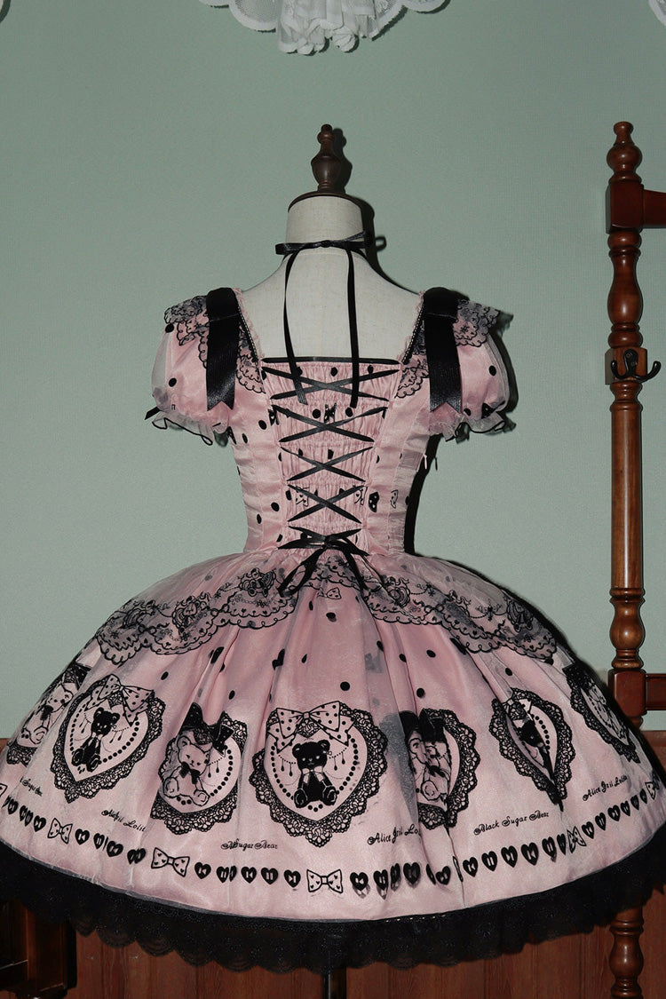 Blush Square Collar Embroidered Bow Lolita Dress with Train - Sugar Bear