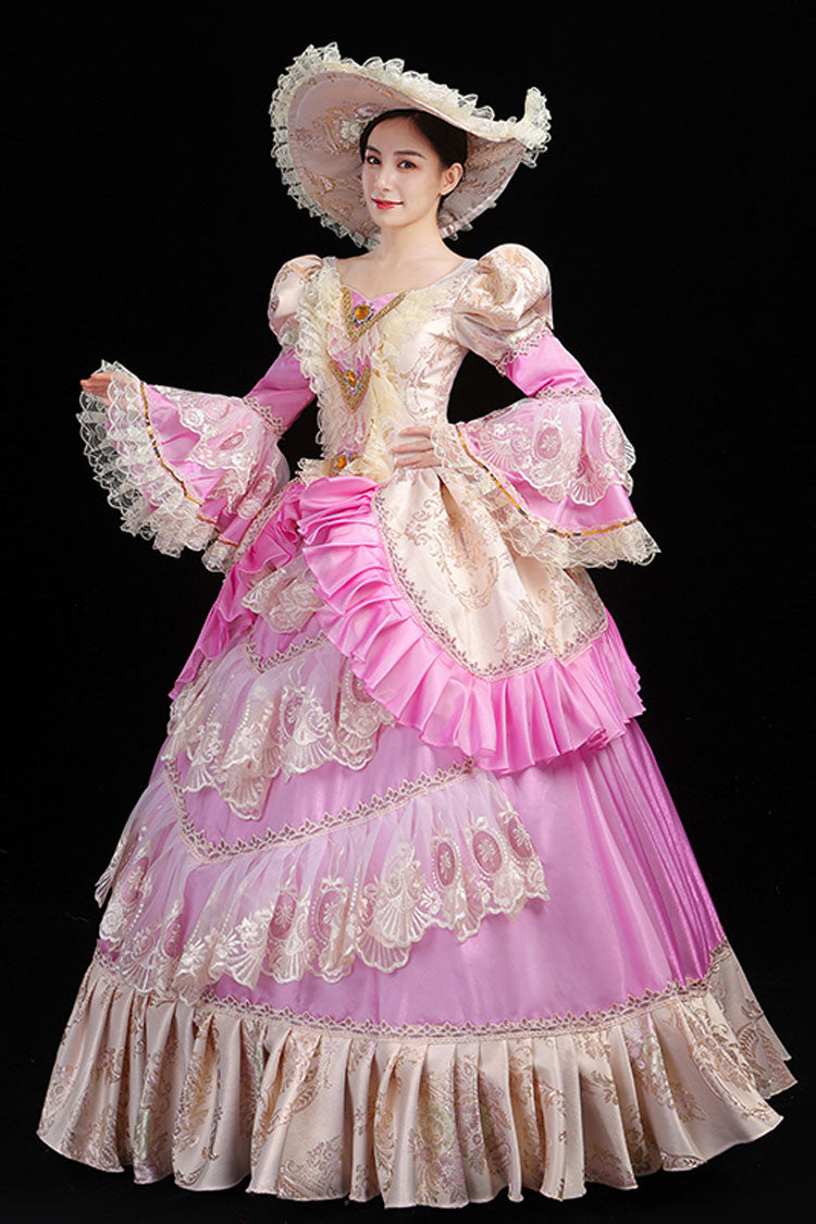 Ruffled Hollow Embroidery Victorian Gown - High Waisted Trumpet Sleeves
