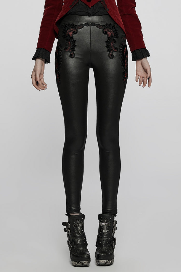 Faux Leather Gothic Leggings with Embroidered Cutout Details for Women