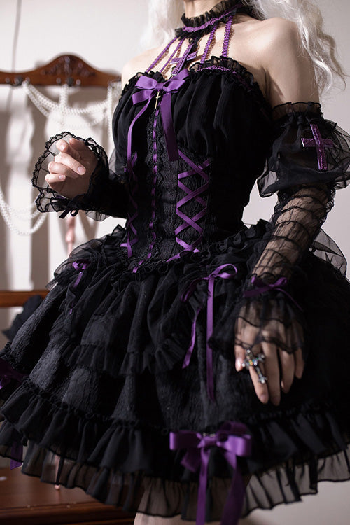 Purple-Trimmed Sleeveless Bow Ruffled Layered Lolita Gown