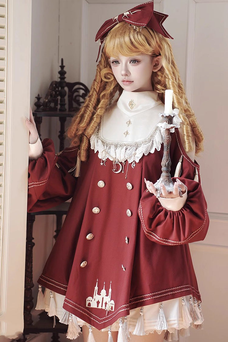 Crimson Starry Night Long Sleeve Frill Embroidery Princess Sweet Lolita Dress Complete Set