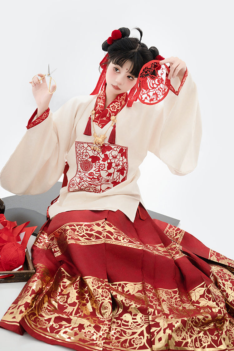 Scarlet Apricot V-Neck Lantern Sleeve High-Waist Printed Foil Women's Sweet Hanfu Two-Piece Set