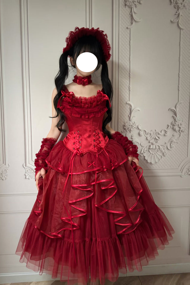 Scarlet The Summer Waves Sparkle Square Neck Sleeveless Multi-Layered Ruffled Bow Laced Slim Lolita Skirt Set