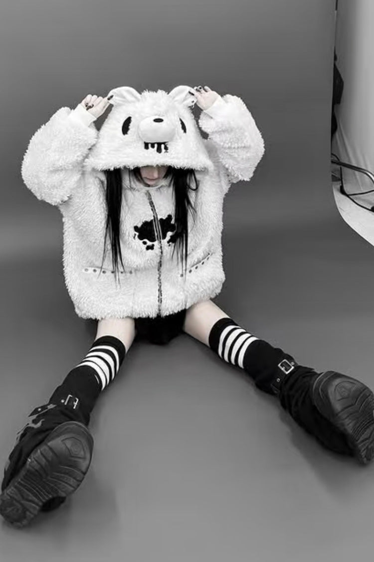 Ivory Bear Ear Hooded Zip-Up Dark Jirai Kei Coat