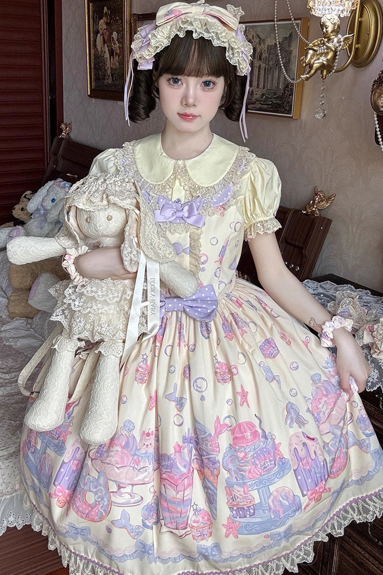 Mermaid Print Bowknot Lace JSK Dress - Cream Soda Yellow