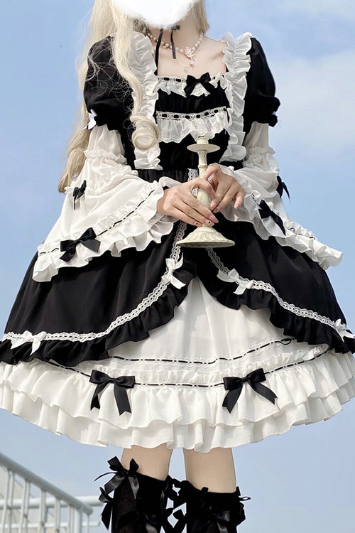 Monochrome Sweet Lolita OP Dress with Detachable Trumpet Sleeves and High Waist