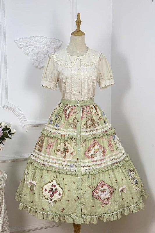 Green Cat Rose Tea Print Ruffle Sweet Lolita Skirt