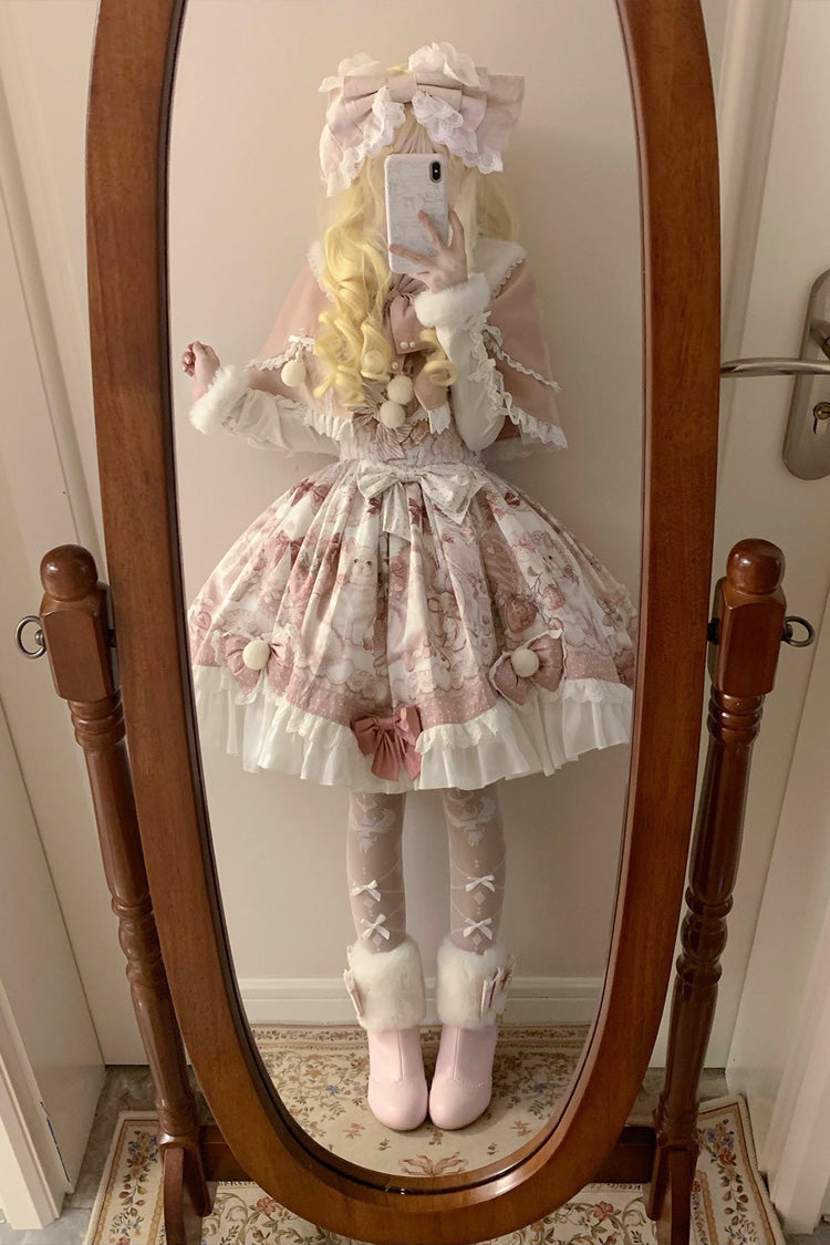 Pink Princess Dessert Cat Print Bow Lace Lolita Dress Set
