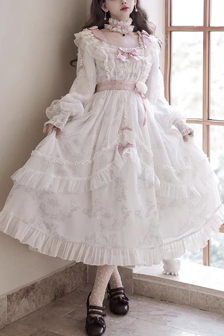 Ivory Rose Print Dress with Bowknot - Princess Lolita