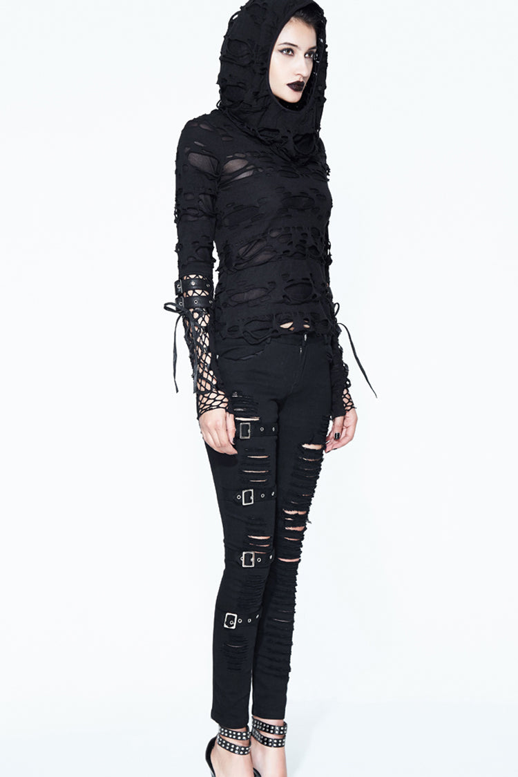 Women's Punk Shirt with Hooded Ripped Finger Covered Splice Mesh Leather Loop Lace Up