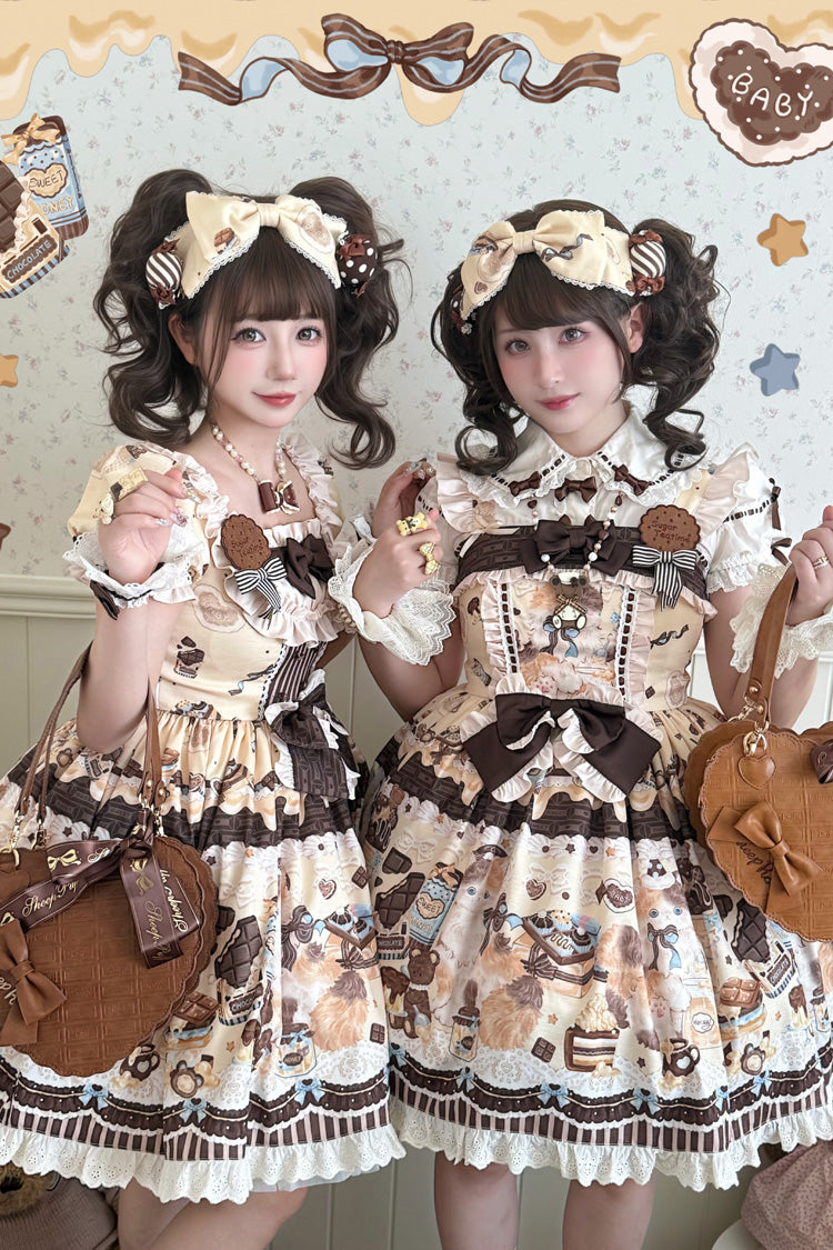 Square Collar Sleeveless Ruffled Bow Daily JSK Dress in 2 Colors - Chocolate Cake Party