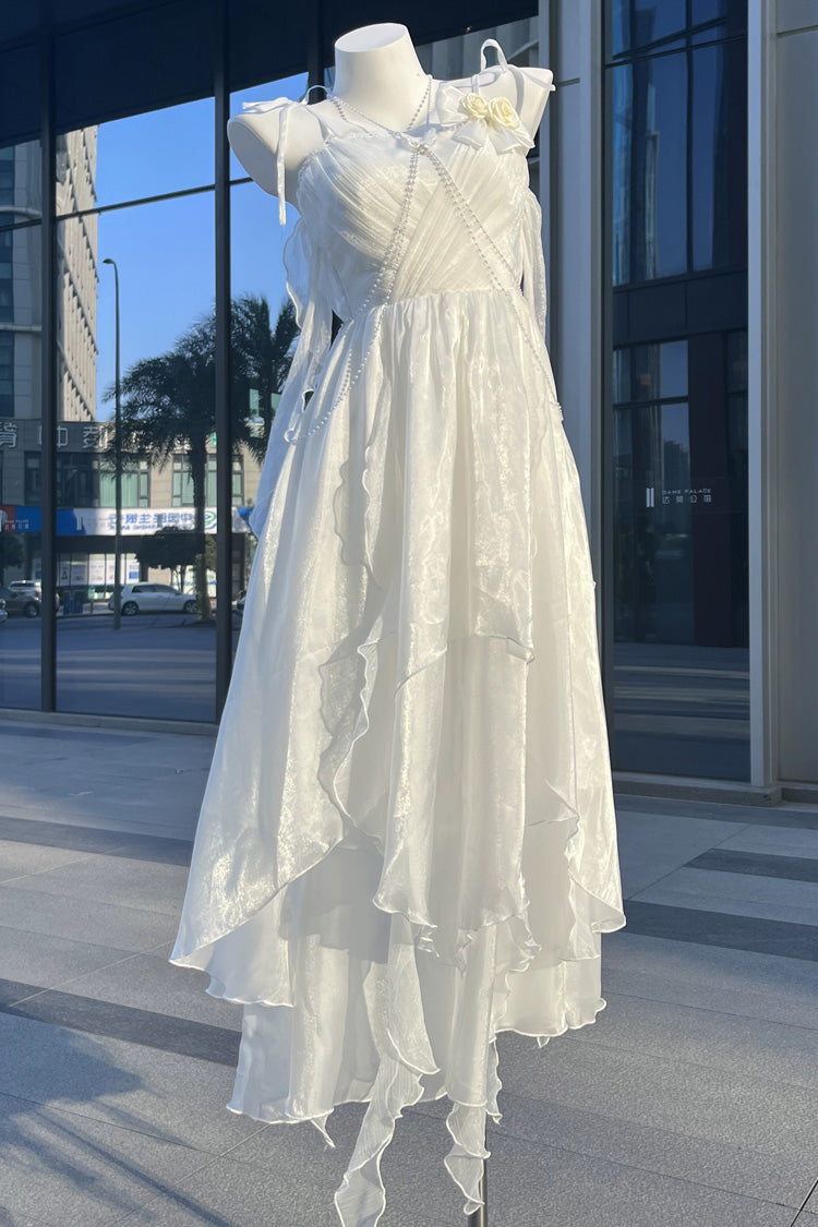 Ivory Moonlit Chiffon Open-Back Bow Accent Asymmetric JSK