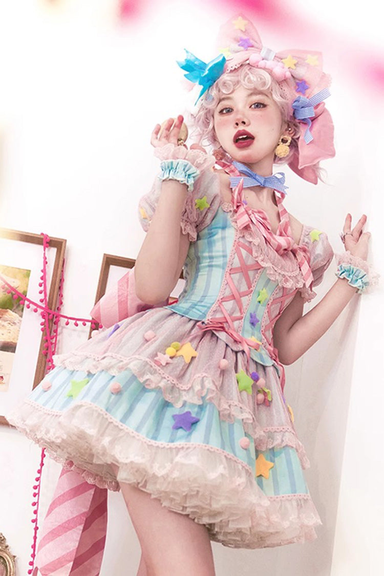 Pink Sugar Magic Printed Ruffle Bow Lace-Up Lolita Gown