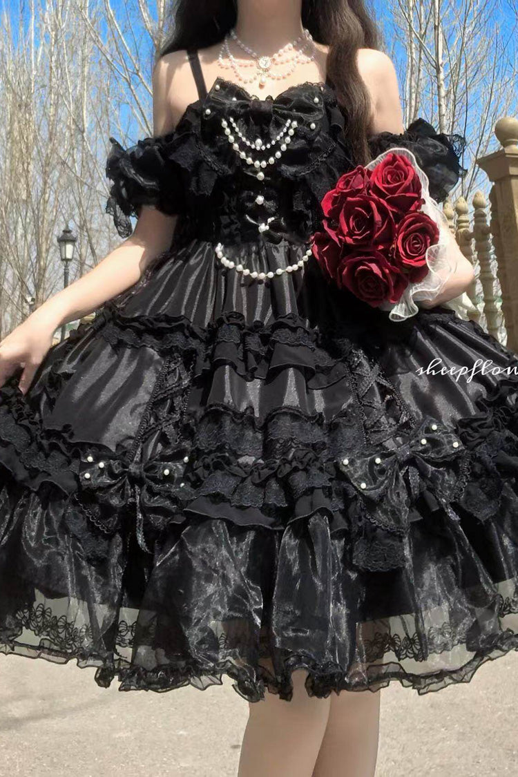 Off-Shoulder Jsk Dress with Multi-Layered Ruffles and Bow