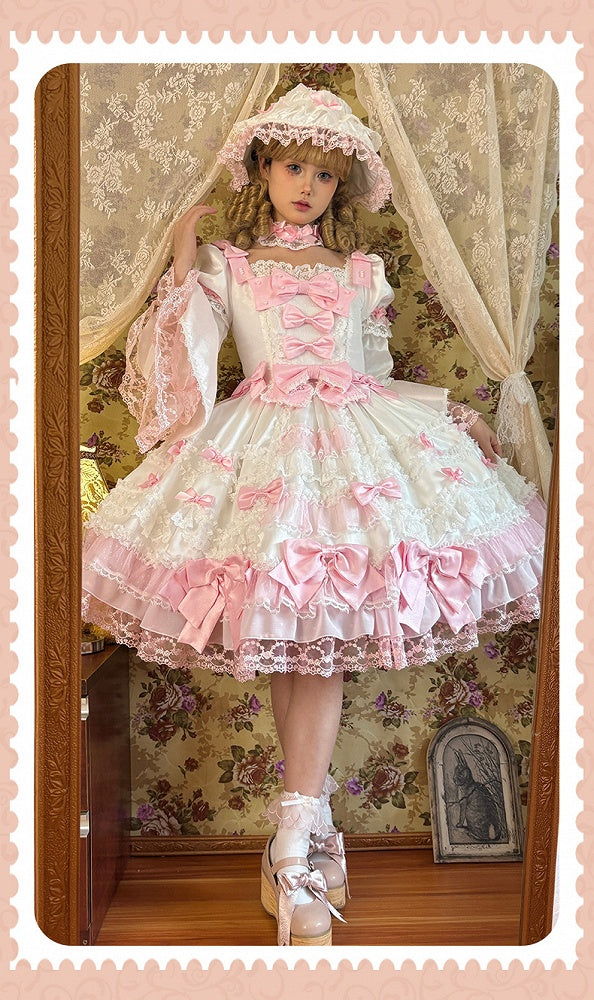 Detachable Dress High Pink Waist White Bow Sleeves with Princess Lolita Sweet Accents