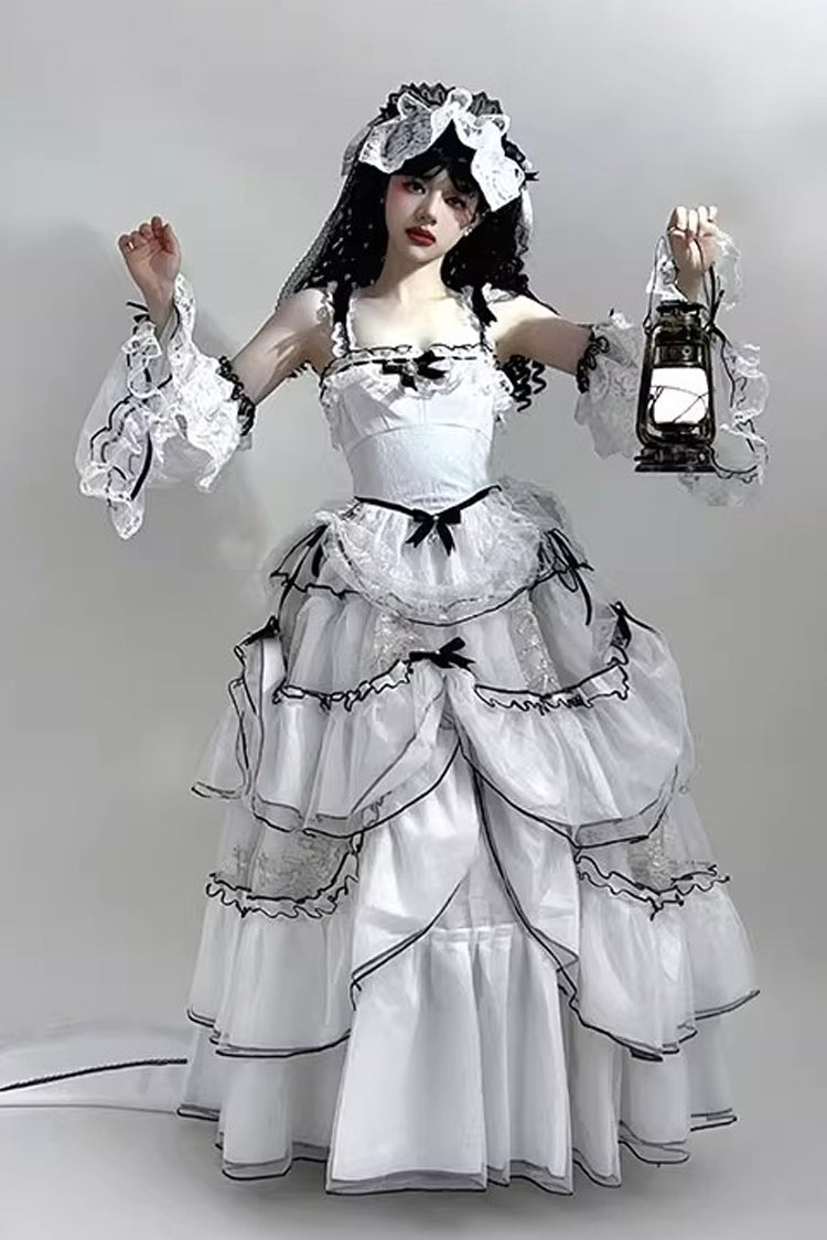 Cascade Poem Sleeveless Multi-Layered Ruffled Hanayome Bow Lace Gothic Plus Size Gorgeous Lolita JSK Long Dress - White