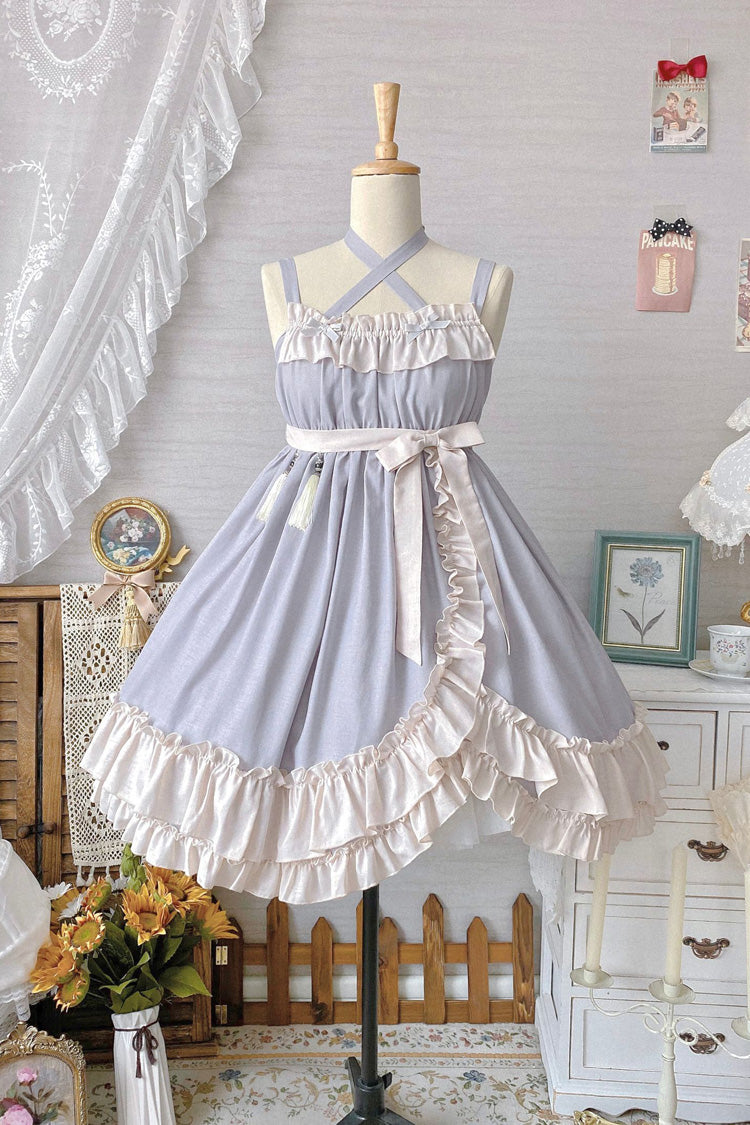 Sweet Lolita JSK Dress with Asymmetric Ruffle, High Waist, Grey Monet Estate