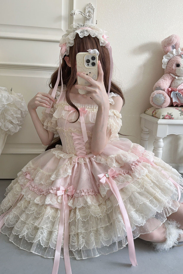 Rose Sleeveless Layered Ruffle Bow Lace Corset Ballet Jumper Dress - Ribbon Heart Love