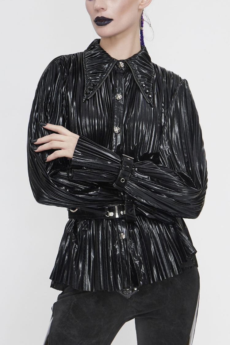 Edgy Studded Cuff Punk Blouse with Pleated Pointed Collar