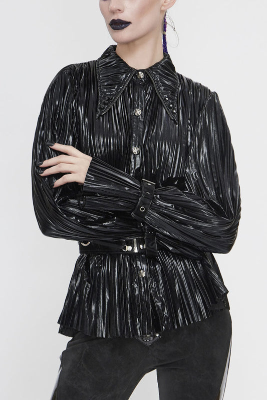 Edgy Studded Cuff Punk Blouse with Pleated Pointed Collar