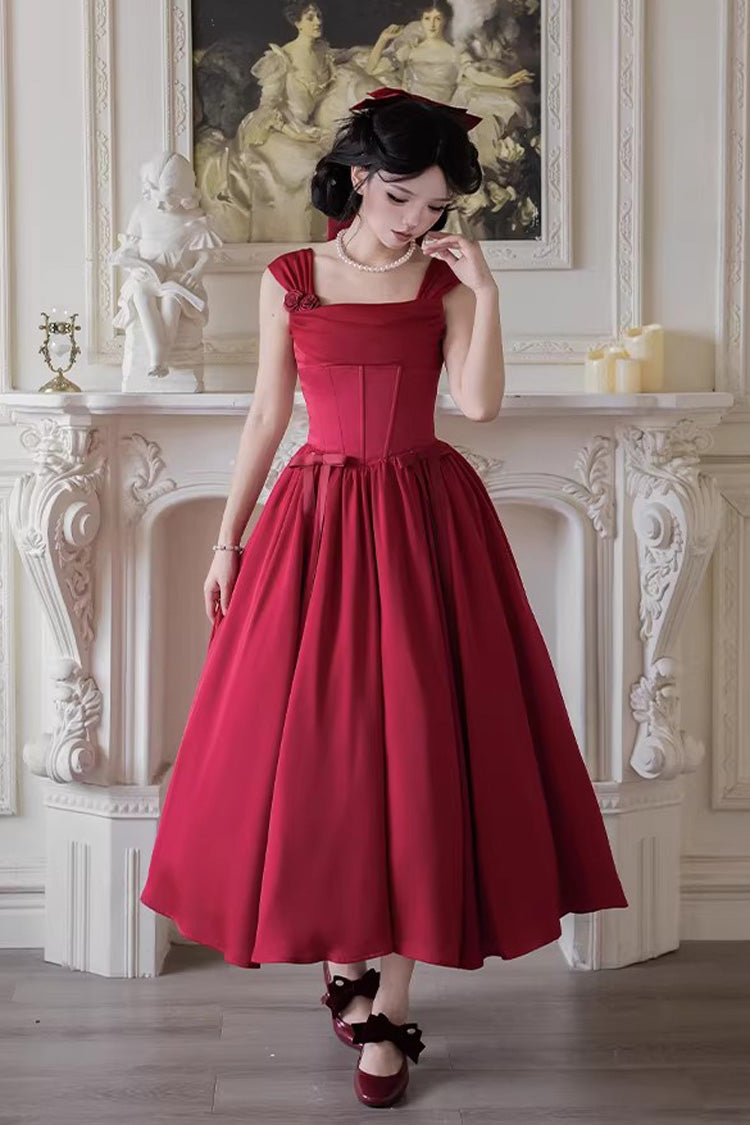 Crimson With Love Square Neck Sleeveless Fishbone Vintage Elegant Lolita Jumper Dress Ensemble