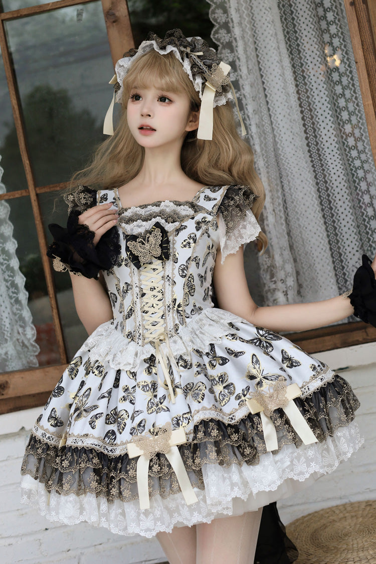 Golden Spirit Butterfly Print Sleeveless Ruffle Lace-Up JSK Dress Set