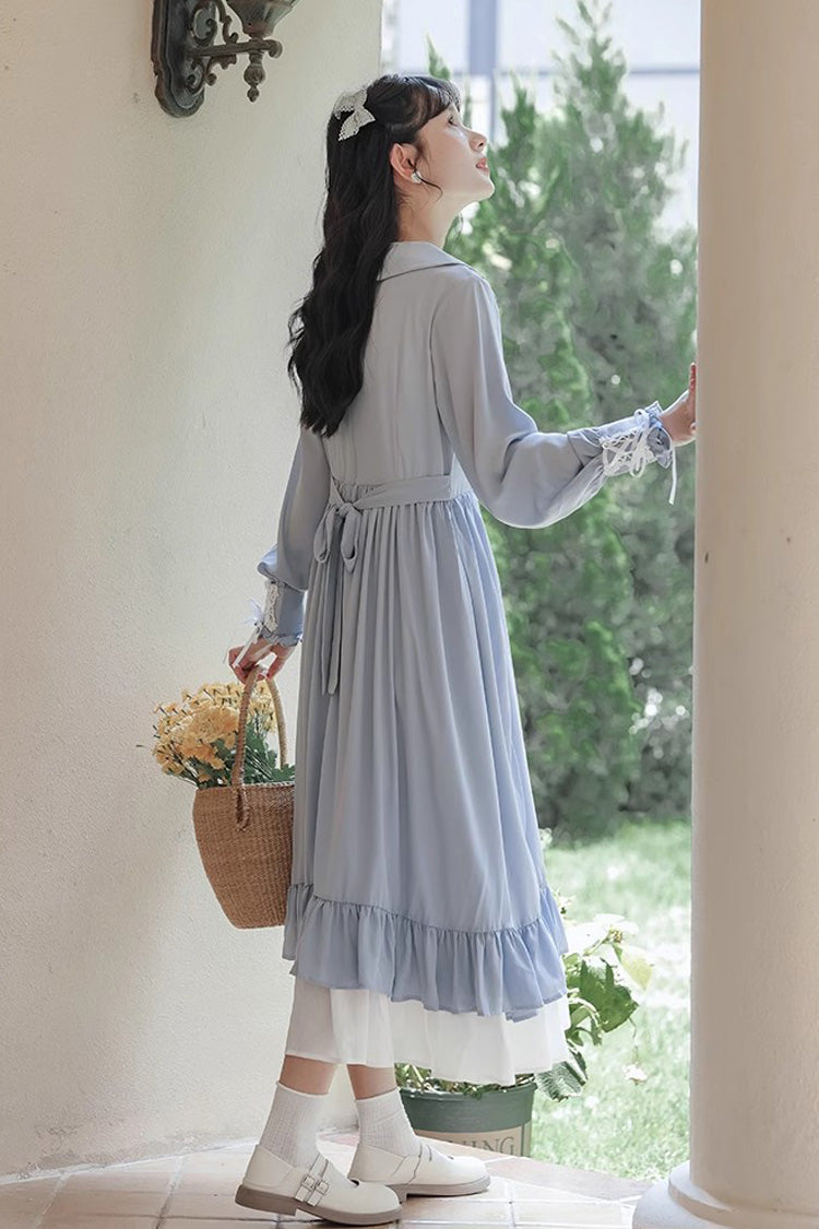 Blue Doll Collar Dress with Ruffled Sleeves - Sweet