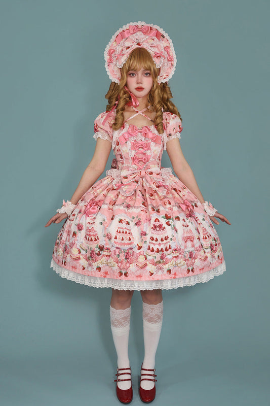 Strawberry Cake Bouquet Print Square Collar Short Sleeve Bow Lace Sweet Lolita Dress - 3 Colors