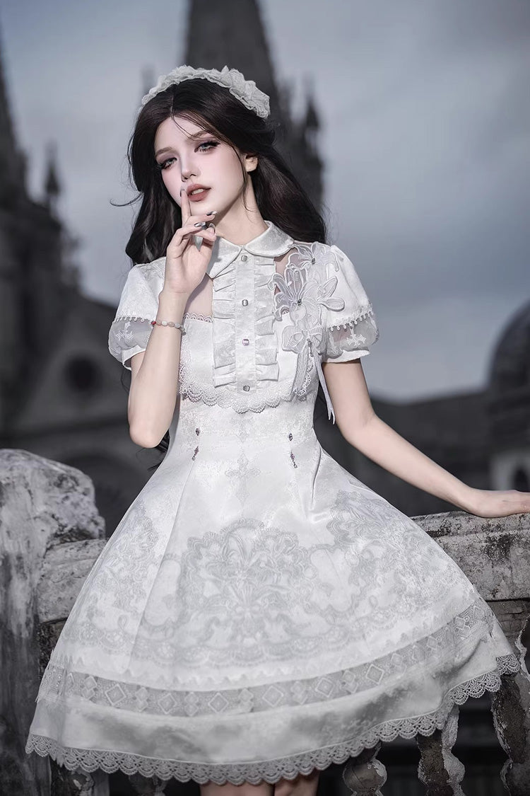 Ivory Classic Gothic Lolita Dress with Ruffled Lace and Short Sleeves