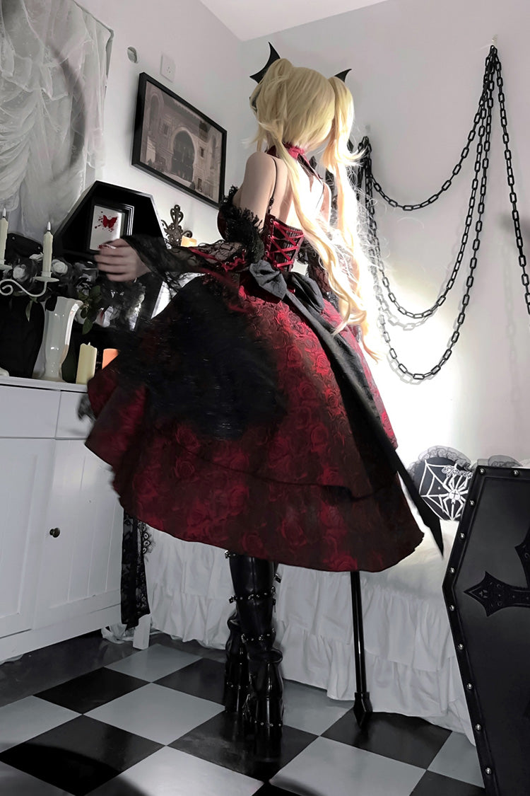 Black and Red Jacquard Print Gothic Lolita Dress with Lace-Up